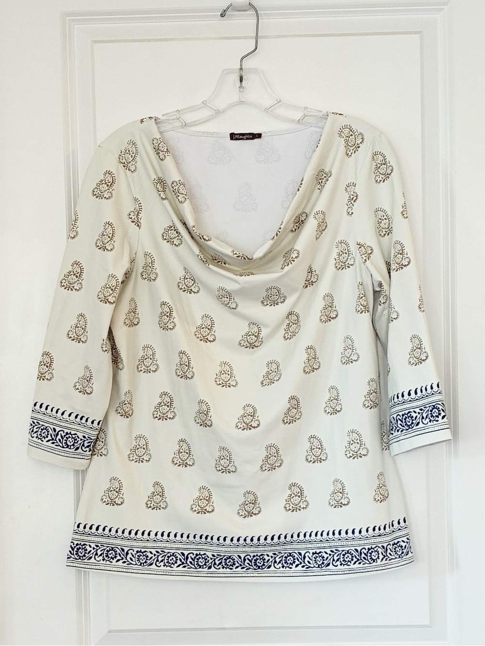 J. McLaughlin Printed Drape Neck Top Ivory Blue 3/4 Sleeve. Size Large - Picture 2 of 12